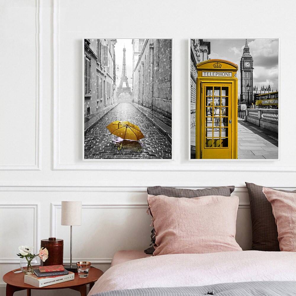 Plakat abstrakcja 'London Big Ben Clock Tower Telephone Box', sztuka nowoczesna, druk na płótnie Canvas Abstrakcja Czarno białe Plakaty Decorateo.pl