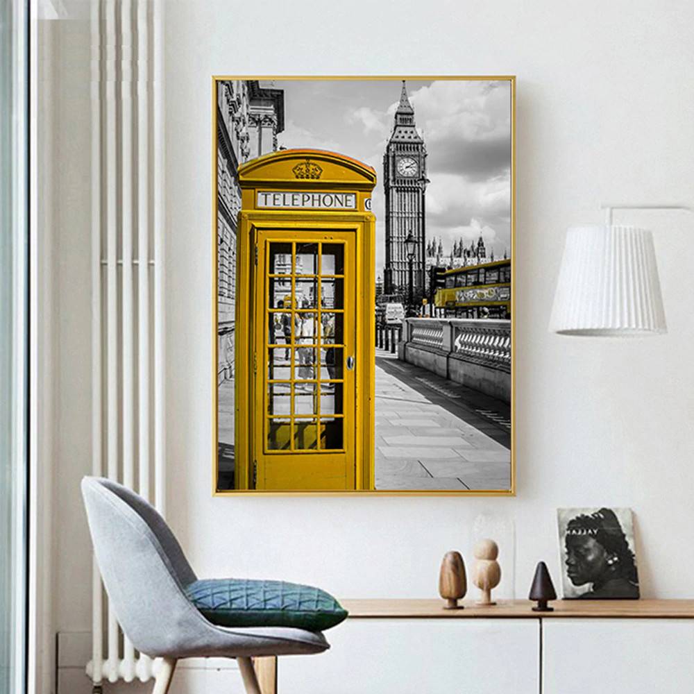 Plakat abstrakcja 'London Big Ben Clock Tower Telephone Box', sztuka nowoczesna, druk na płótnie Canvas Abstrakcja Czarno białe Plakaty Decorateo.pl
