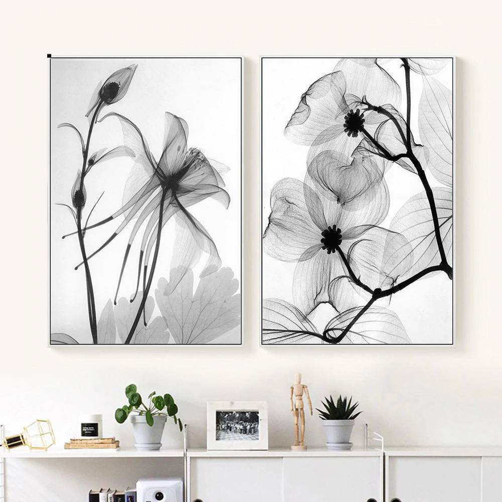 Plakat czarno biały 'Black White Plant Abstract Flower', natura, dekoracja, druk na płótnie Canvas Czarno białe Natura Plakaty Decorateo.pl
