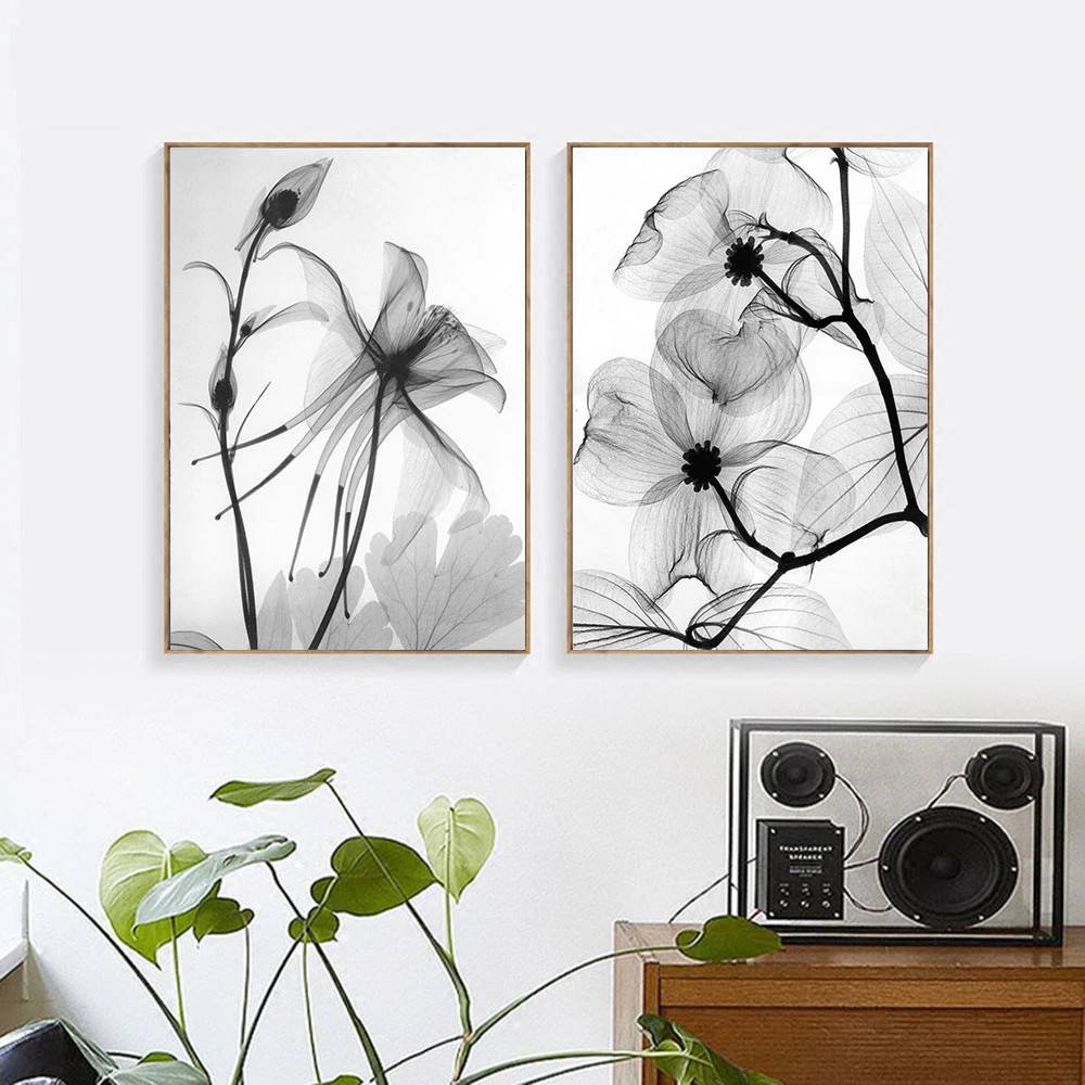 Plakat czarno biały 'Black White Plant Abstract Flower', natura, dekoracja, druk na płótnie Canvas Czarno białe Natura Plakaty Decorateo.pl