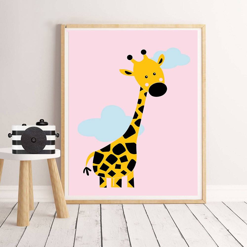 Plakat dla dzieci 'Cartoon Animal Poster Giraffe Lion Canvas', dekoracja, druk na płótnie Canvas Dla dzieci Grafika Plakaty Decorateo.pl