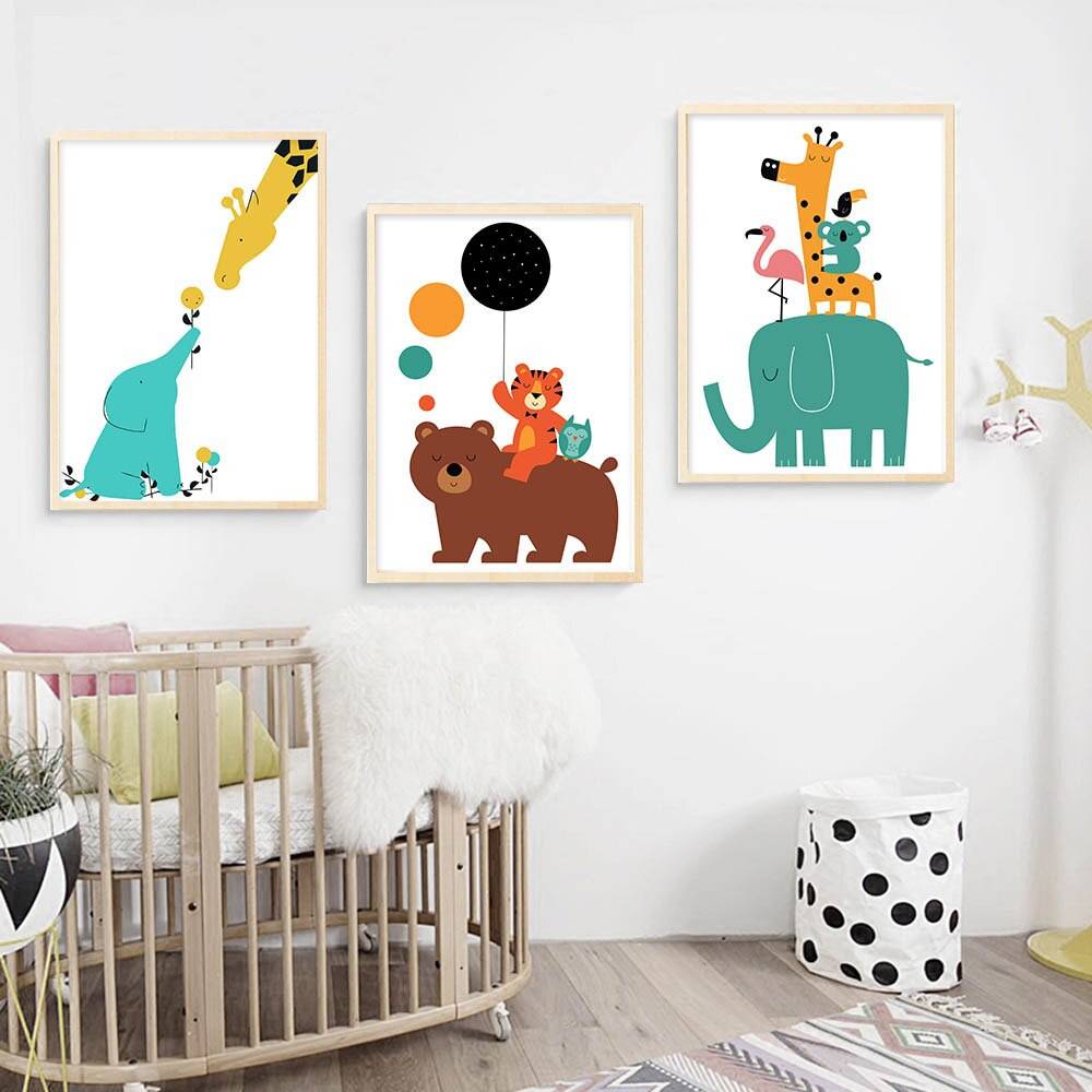 Plakat grafika 'Art Cartoon Bear Elephant Tiger Minimalism', dla dzieci, nowoczesny wystrój, druk na płótnie Canvas Abstrakcja Dla dzieci Grafika Plakaty Decorateo.pl
