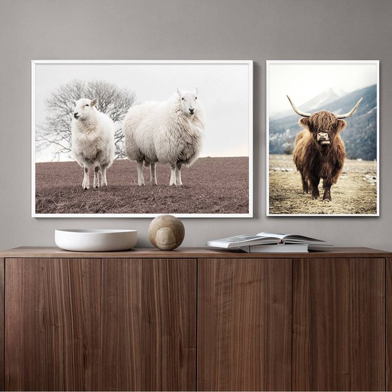 Plakat krajobraz 'Sheep Horse Cattle Animal Wall Art', nowoczesny wystrój, druk na płótnie Canvas Krajobrazy Plakaty Zwierzęta Decorateo.pl