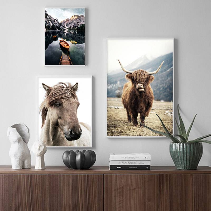 Plakat krajobraz 'Sheep Horse Cattle Animal Wall Art', nowoczesny wystrój, druk na płótnie Canvas Krajobrazy Plakaty Zwierzęta Decorateo.pl