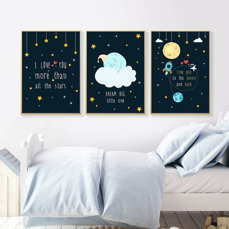 Plakat dla dzieci 'Rocky Space Nursery Quotes Child Poster', grafika, sztuka rysunkowa, druk na płótnie Canvas Dla dzieci Grafika Plakaty Decorateo.pl
